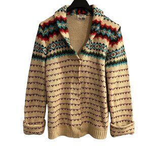 Vintage Sears Sweater L Tan Aztec Southwestern Cardigan Snap Front Western 70s